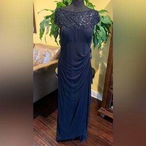 Beautiful Xscape formal dress dark blue with beaded mesh detail - Size 12